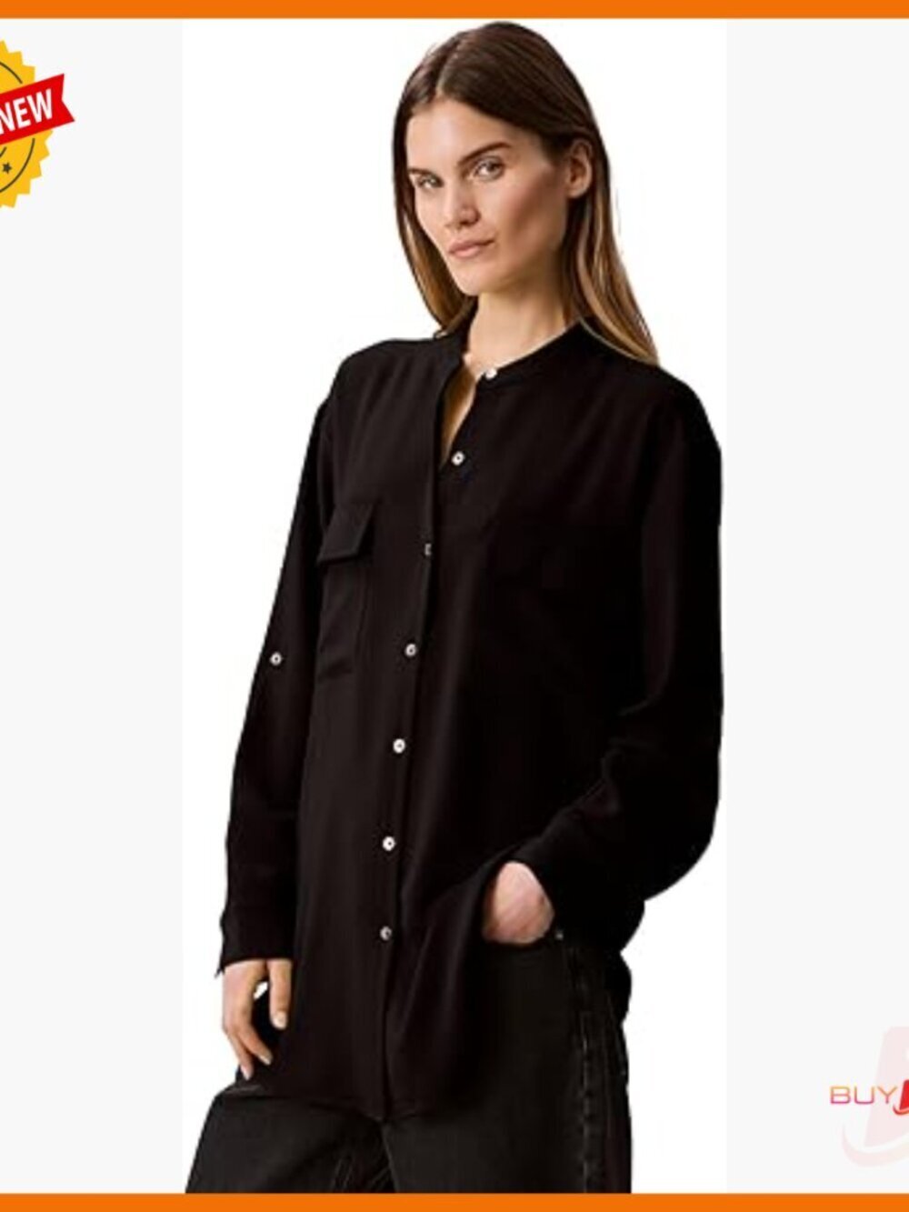 Relaxed Fit Crepe Button Down Shirt with Flap Pockets
